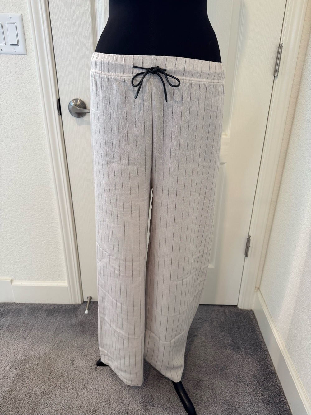 Relaxed Fit Drawstring Lounge Pants — Light Gray Pinstripe